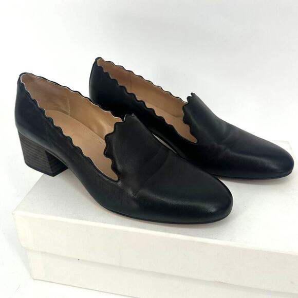 Chloe Leather Scalloped Accent Pumps Loafer Heel - Picture 1 of 9